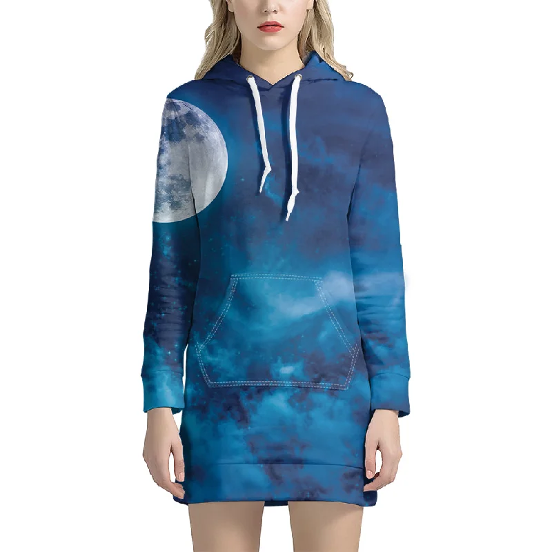 Night Sky And Moonlight Print Pullover Hoodie Dress