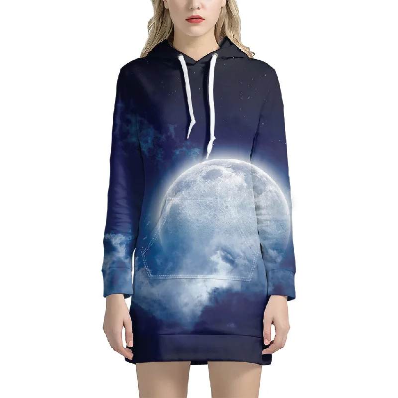 Night Sky Full Moon Print Pullover Hoodie Dress