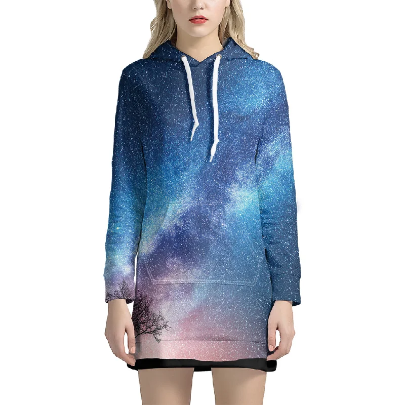 Night Sky Milky Way Print Pullover Hoodie Dress