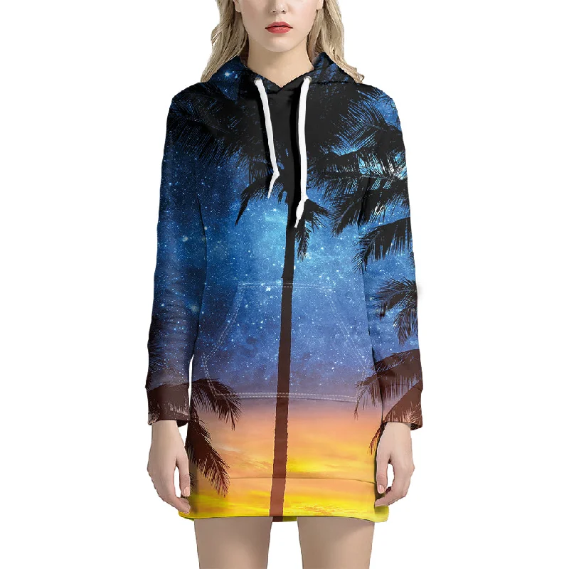 Night Sunset Sky And Palm Trees Print Pullover Hoodie Dress