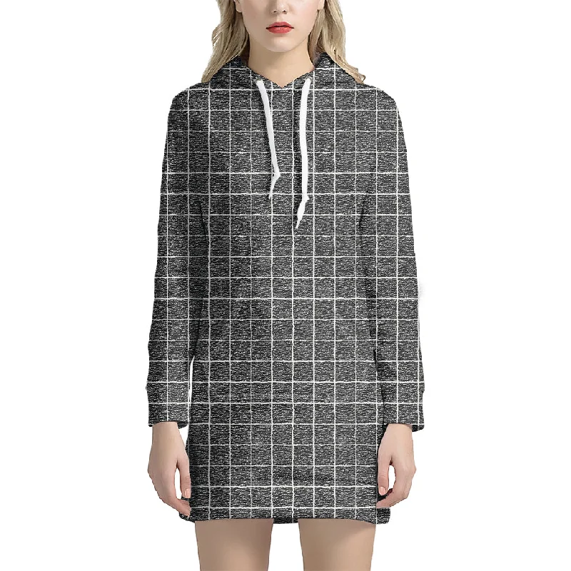 Noisy Windowpane Pattern Print Pullover Hoodie Dress
