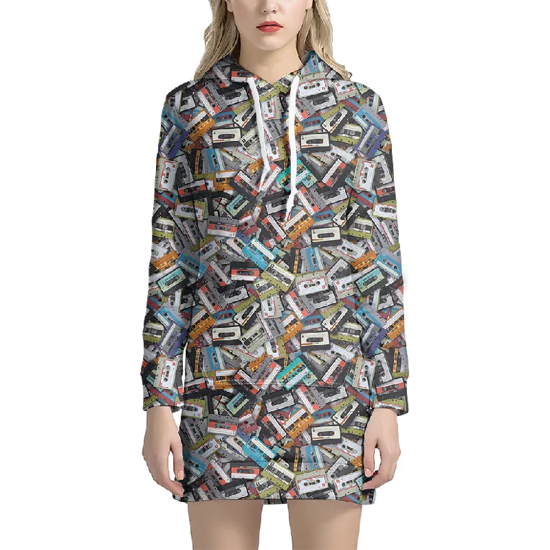 Old Cassette Tape Print Pullover Hoodie Dress