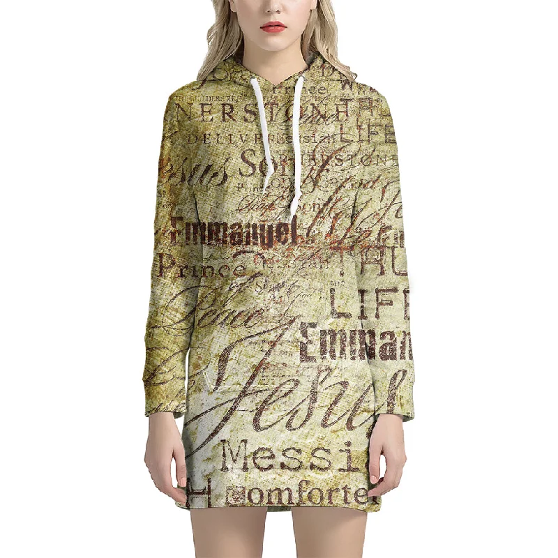 Old Religious Words Print Pullover Hoodie Dress
