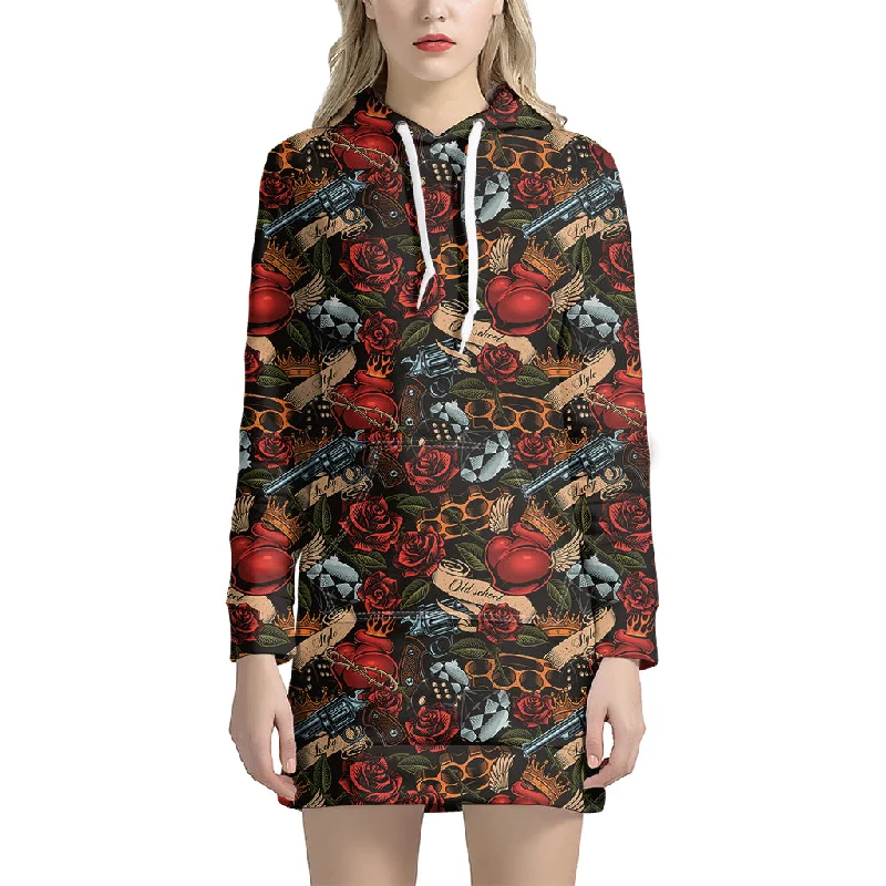 Old School Tattoo Print Pullover Hoodie Dress
