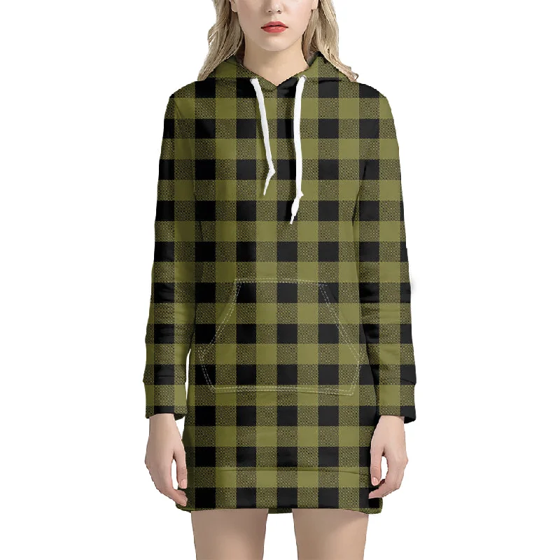Olive Green Buffalo Check Pattern Print Pullover Hoodie Dress