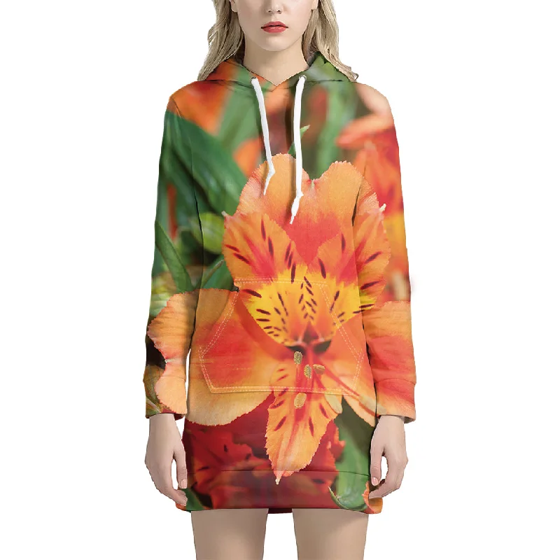 Orange Alstroemeria Print Pullover Hoodie Dress