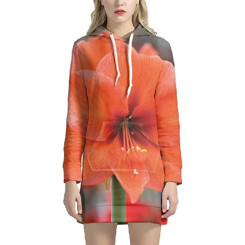Orange Amaryllis Print Pullover Hoodie Dress
