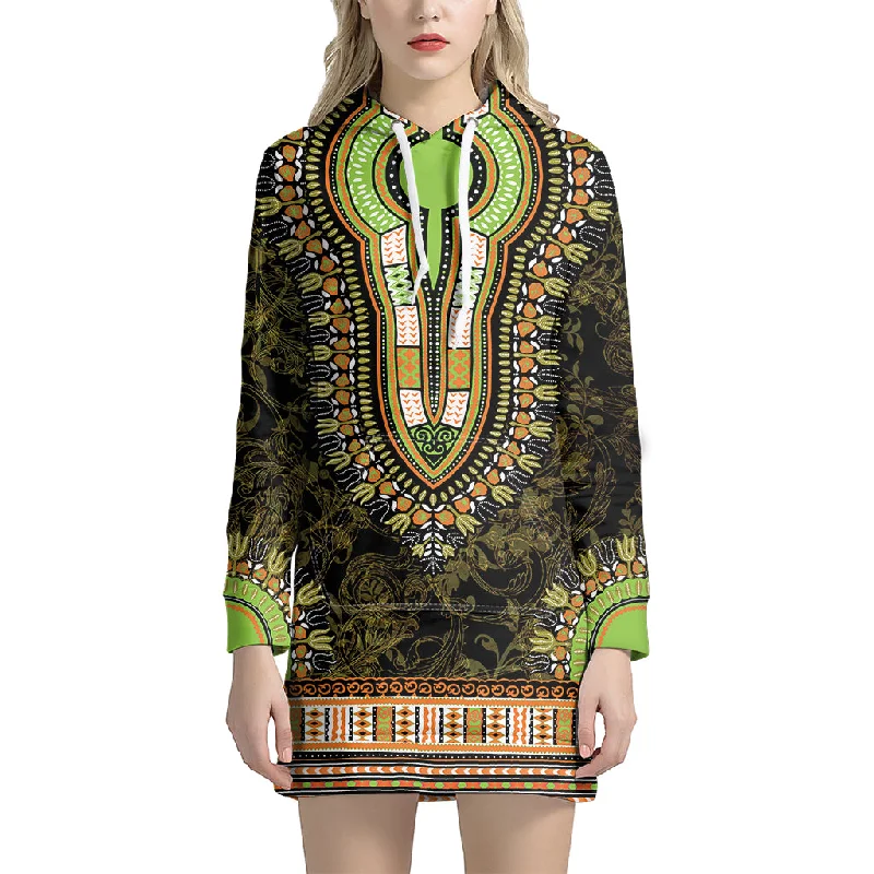 Orange And Black African Dashiki Print Pullover Hoodie Dress
