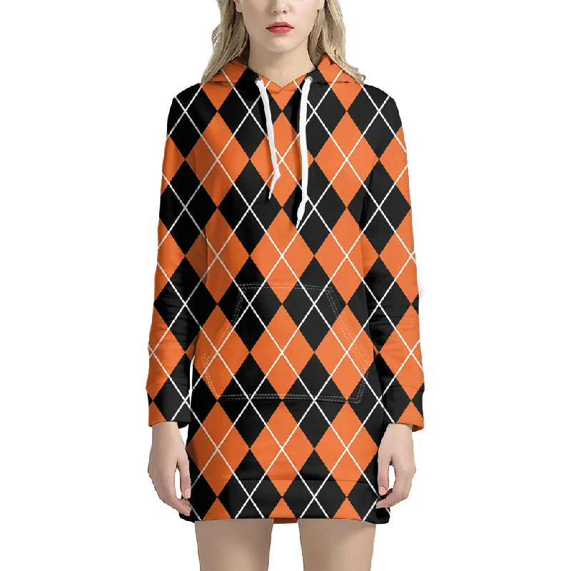 Orange And Black Argyle Print Pullover Hoodie Dress