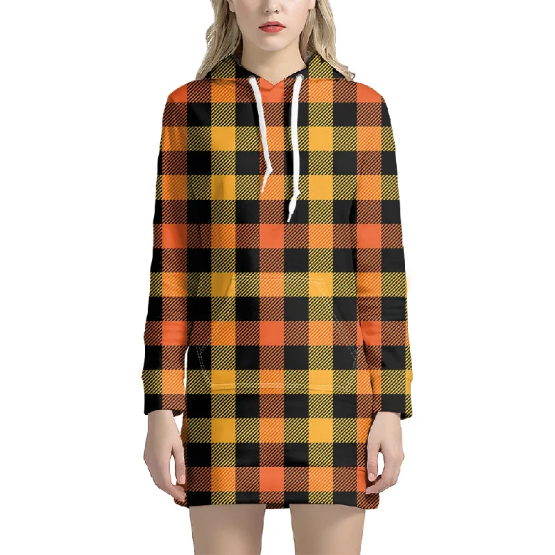 Orange And Black Buffalo Plaid Print Pullover Hoodie Dress