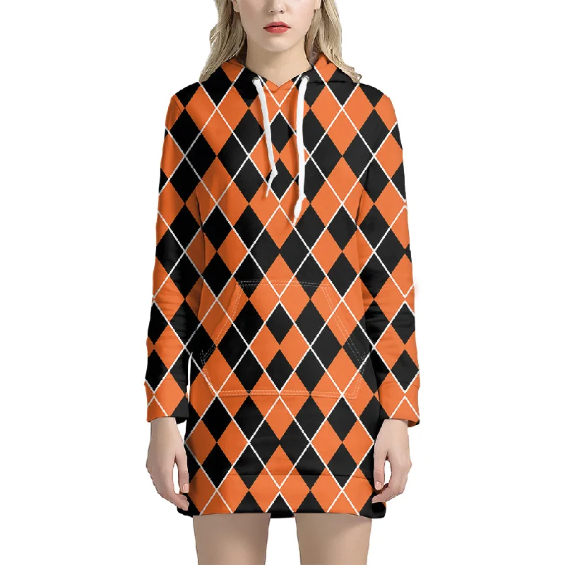 Orange And Black Halloween Argyle Print Pullover Hoodie Dress