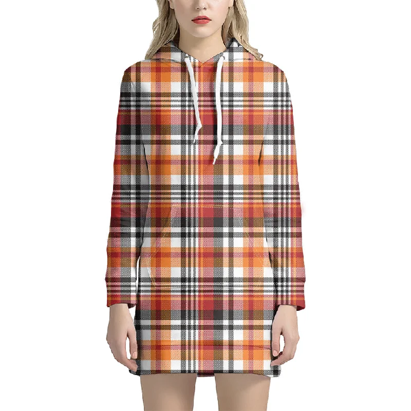 Orange And Black Madras Plaid Print Pullover Hoodie Dress