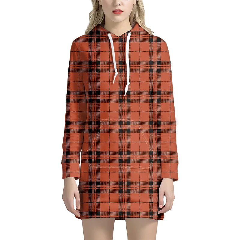 Orange And Black Tartan Pattern Print Pullover Hoodie Dress