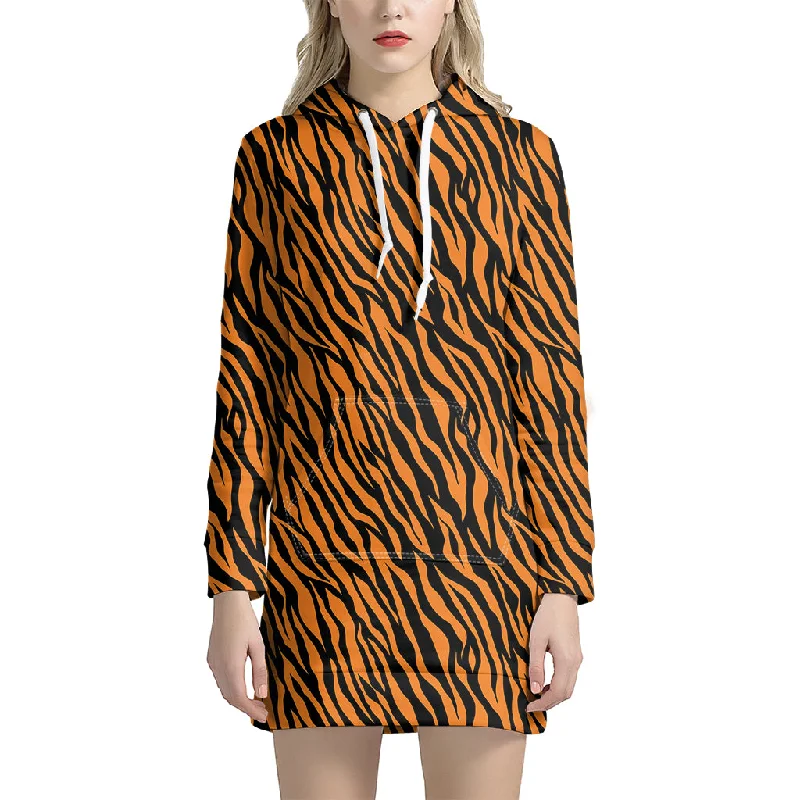 Orange And Black Tiger Stripe Print Pullover Hoodie Dress