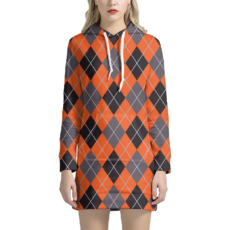 Orange And Grey Halloween Argyle Print Pullover Hoodie Dress