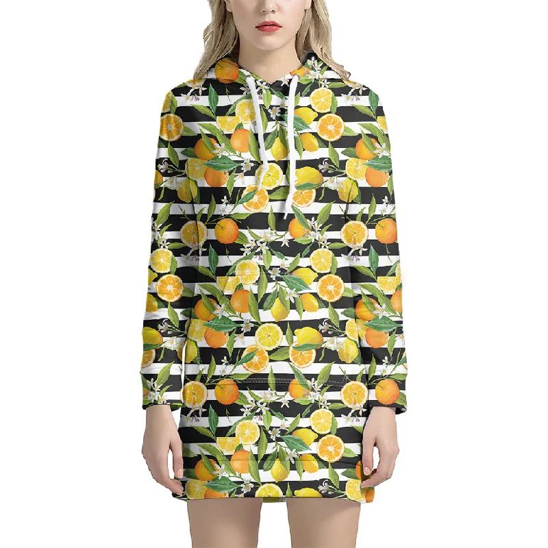 Orange And Lemon Striped Pattern Print Pullover Hoodie Dress