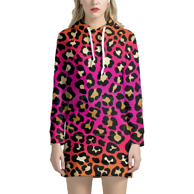 Orange And Purple Leopard Print Pullover Hoodie Dress