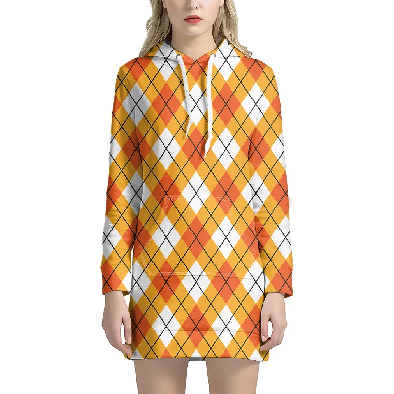 Orange And White Argyle Pattern Print Pullover Hoodie Dress
