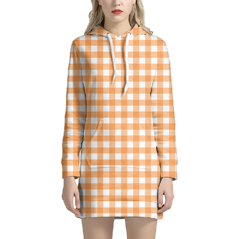 Orange And White Check Pattern Print Pullover Hoodie Dress
