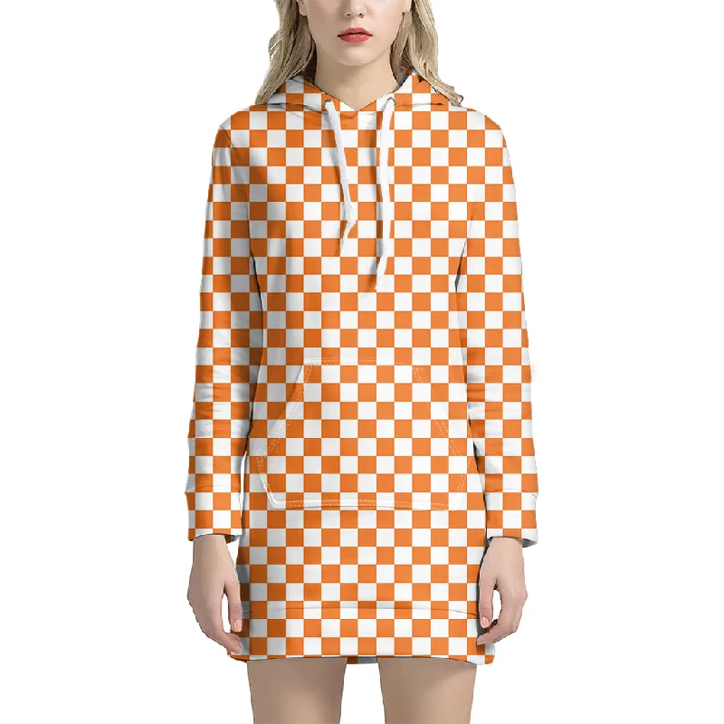 Orange And White Checkered Pattern Print Pullover Hoodie Dress