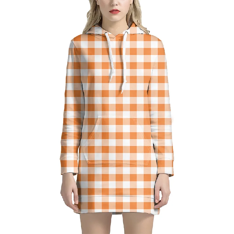 Orange And White Gingham Pattern Print Pullover Hoodie Dress