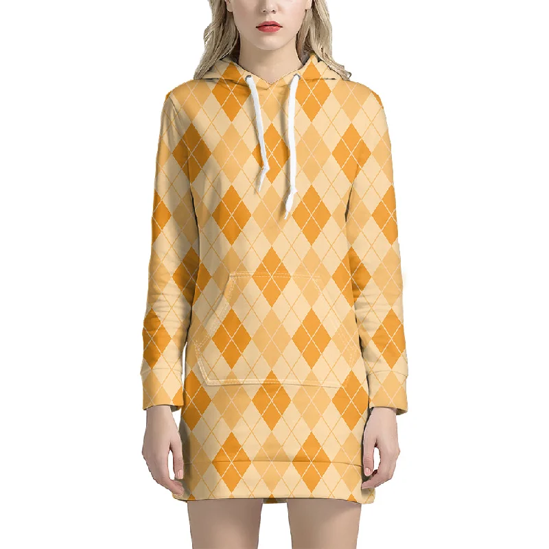 Orange Argyle Pattern Print Pullover Hoodie Dress