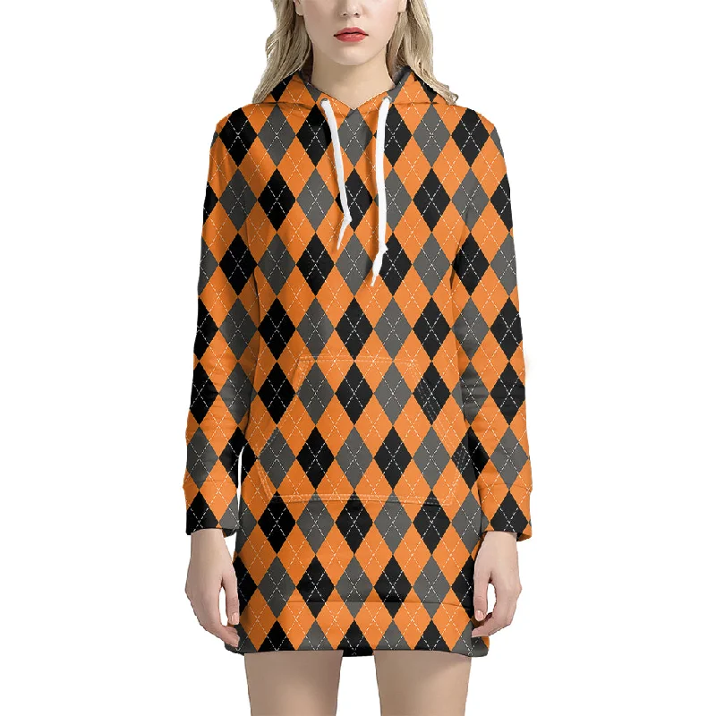 Orange Black And Grey Argyle Print Pullover Hoodie Dress