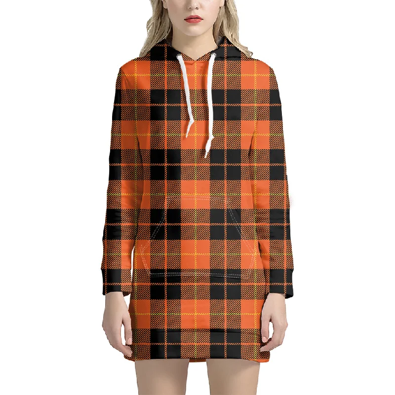 Orange Black And Yellow Tartan Print Pullover Hoodie Dress