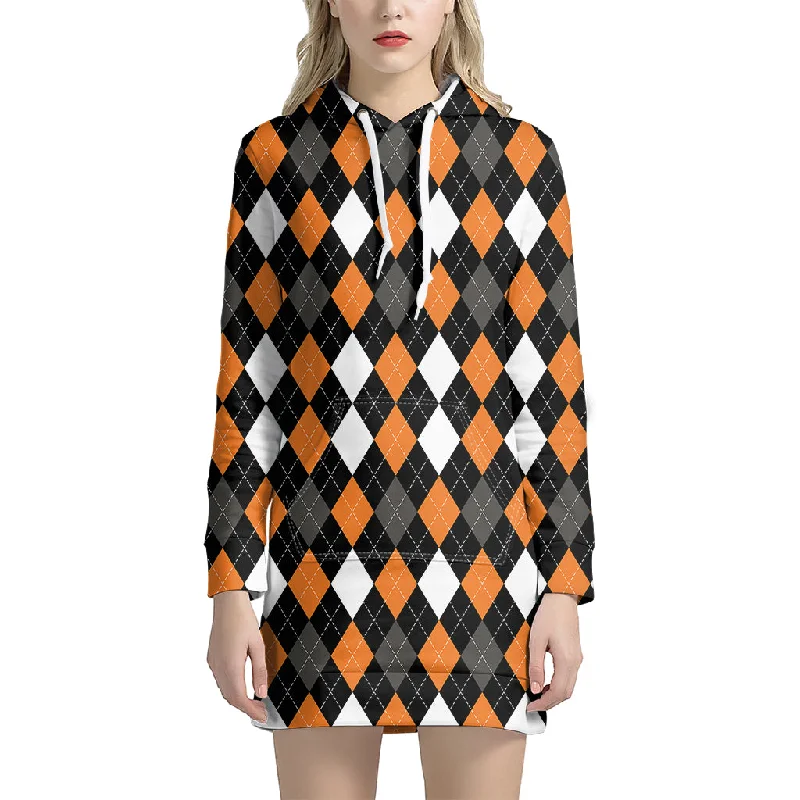 Orange Black Grey And White Argyle Print Pullover Hoodie Dress