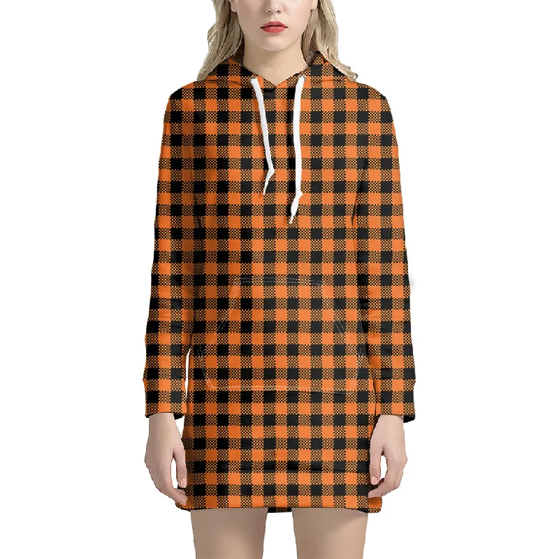 Orange Buffalo Plaid Print Pullover Hoodie Dress