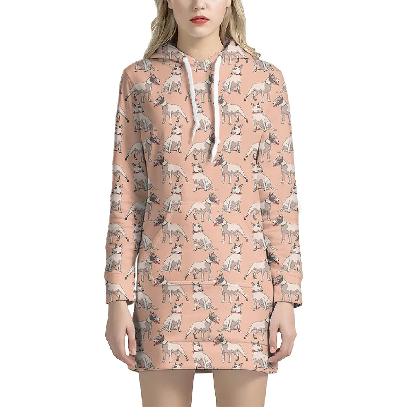 Orange Bull Terrier Pattern Print Pullover Hoodie Dress