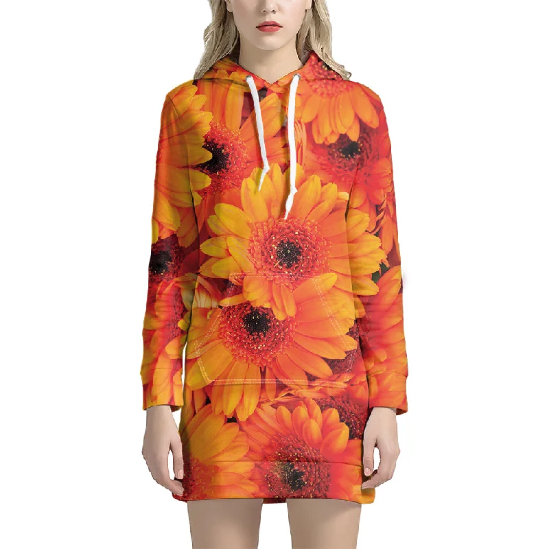 Orange Daisy Flower Print Pullover Hoodie Dress