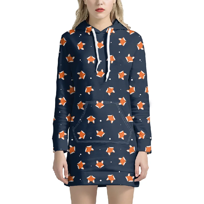Orange Fox Pattern Print Pullover Hoodie Dress