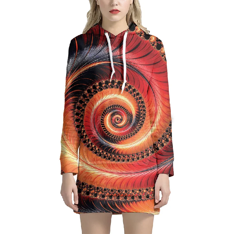 Orange Fractal Print Pullover Hoodie Dress