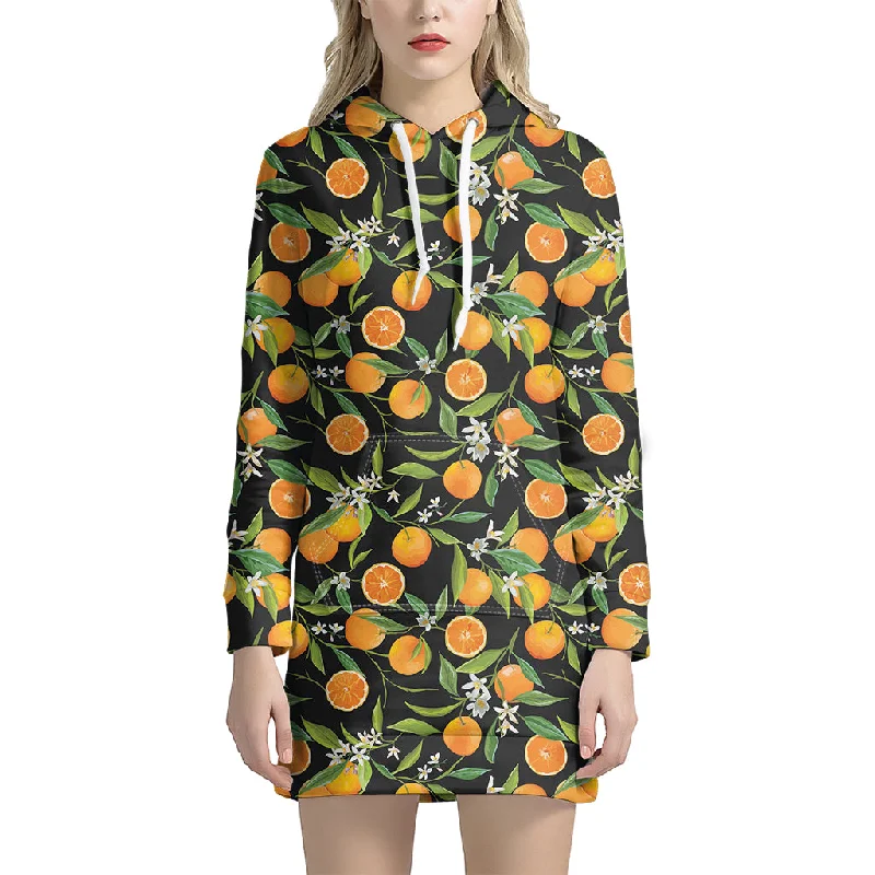 Orange Fruit Pattern Print Pullover Hoodie Dress