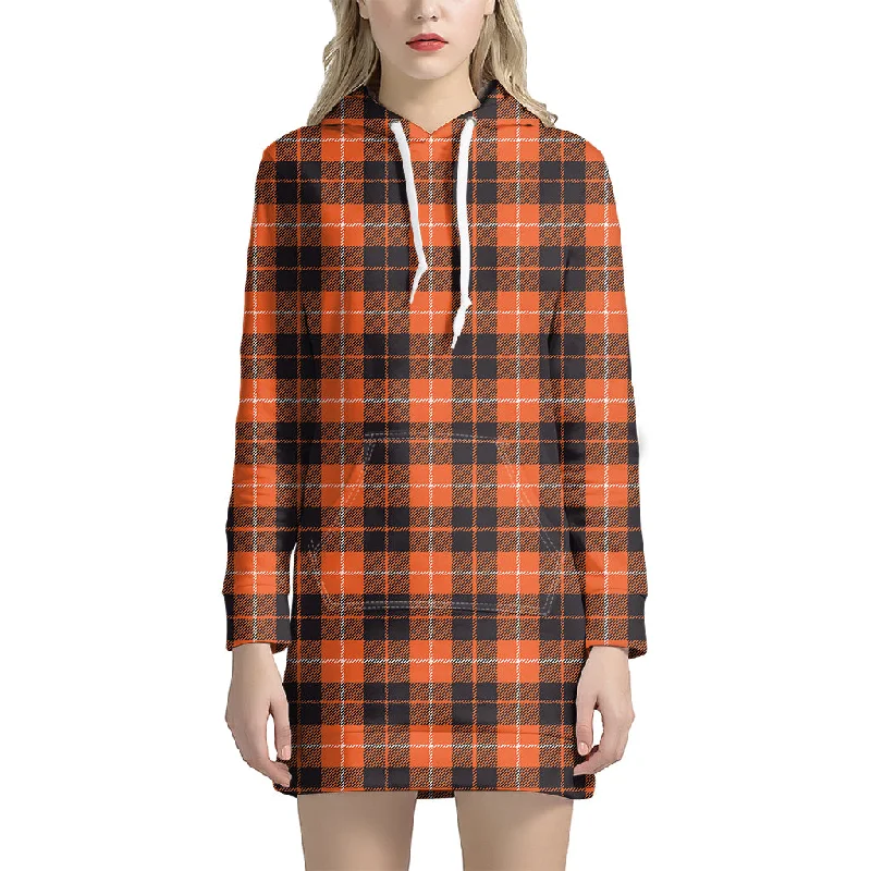 Orange Grey And White Tartan Print Pullover Hoodie Dress