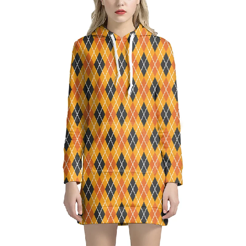 Orange Halloween Argyle Pattern Print Pullover Hoodie Dress