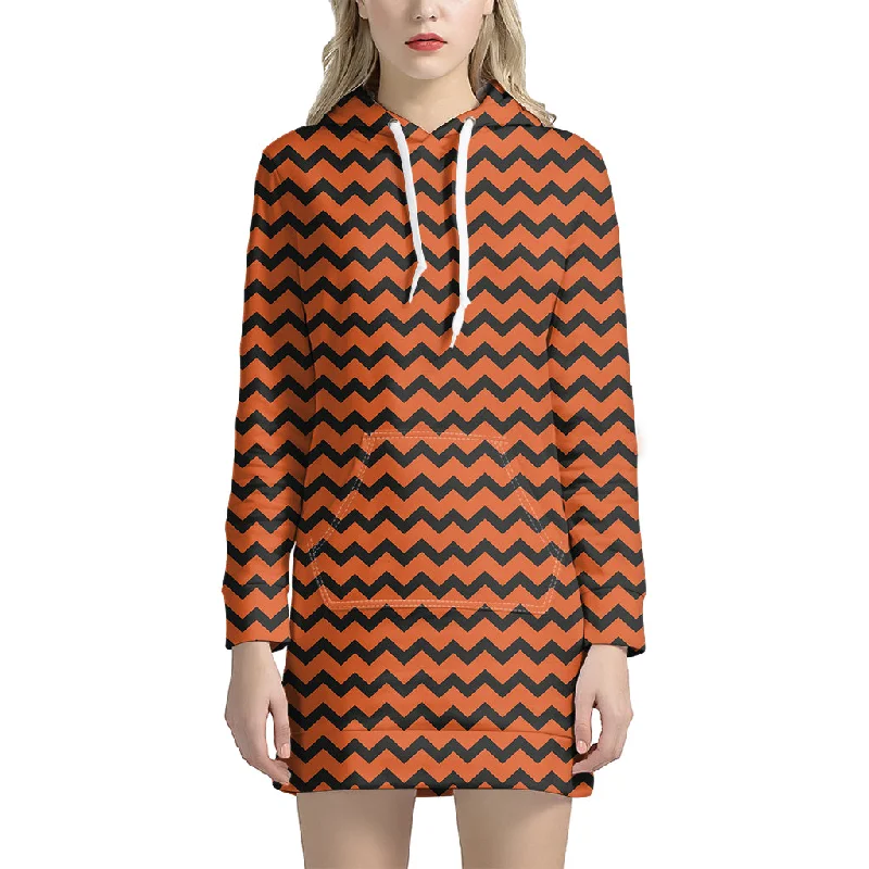 Orange Halloween Chevron Pattern Print Pullover Hoodie Dress