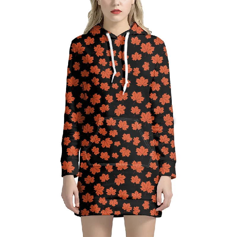 Orange Maple Leaves Pattern Print Pullover Hoodie Dress