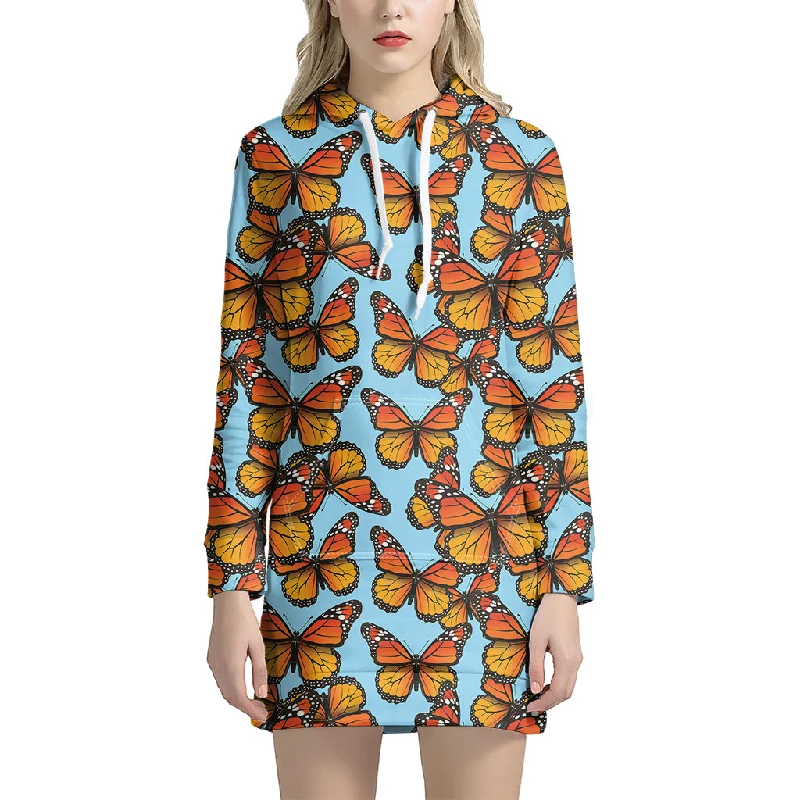 Orange Monarch Butterflies Pattern Print Pullover Hoodie Dress