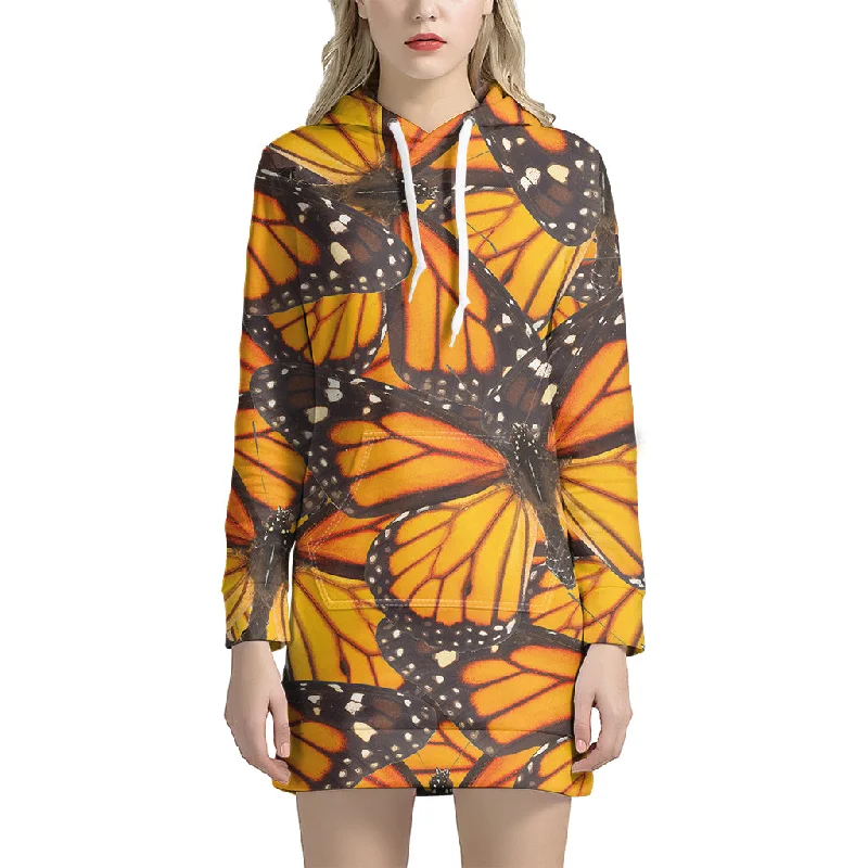 Orange Monarch Butterfly Pattern Print Pullover Hoodie Dress