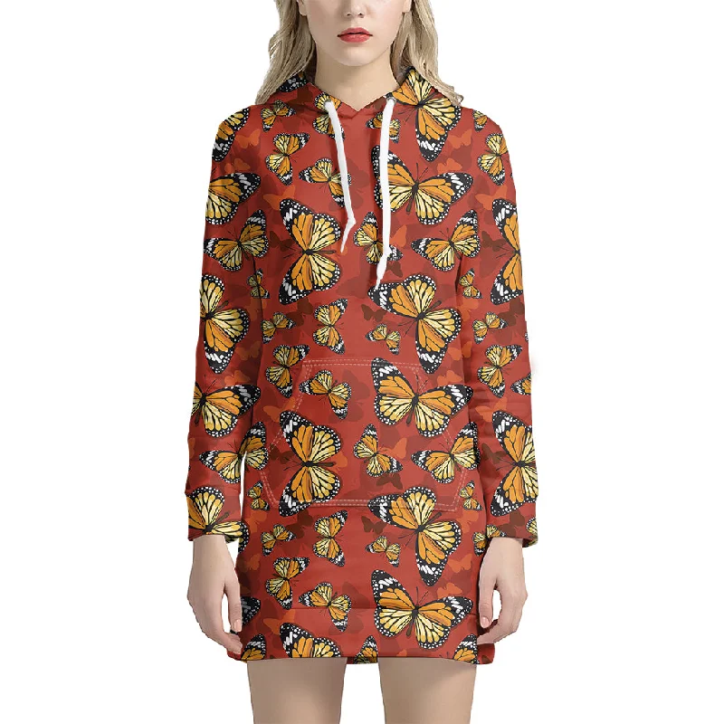Orange Monarch Butterfly Print Pullover Hoodie Dress