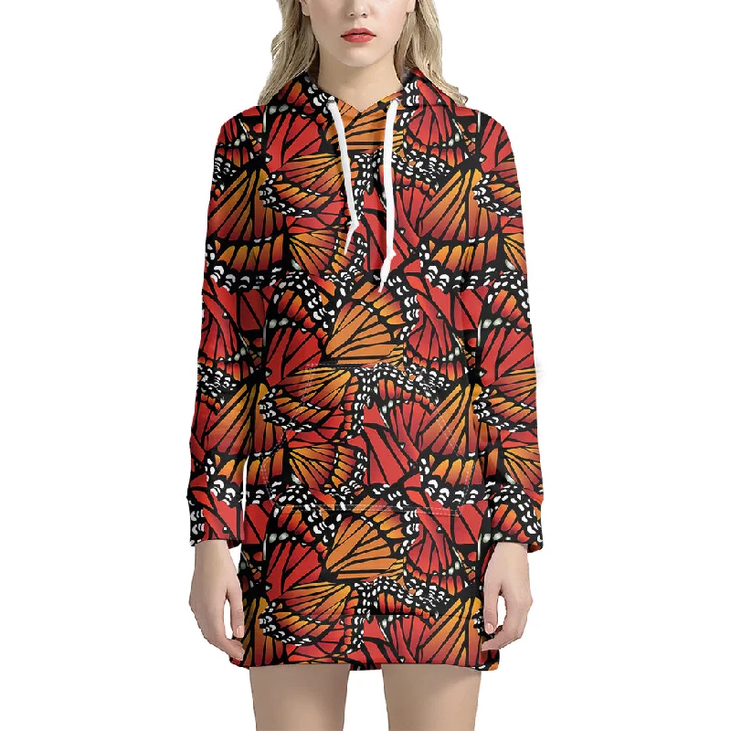Orange Monarch Butterfly Wings Print Pullover Hoodie Dress