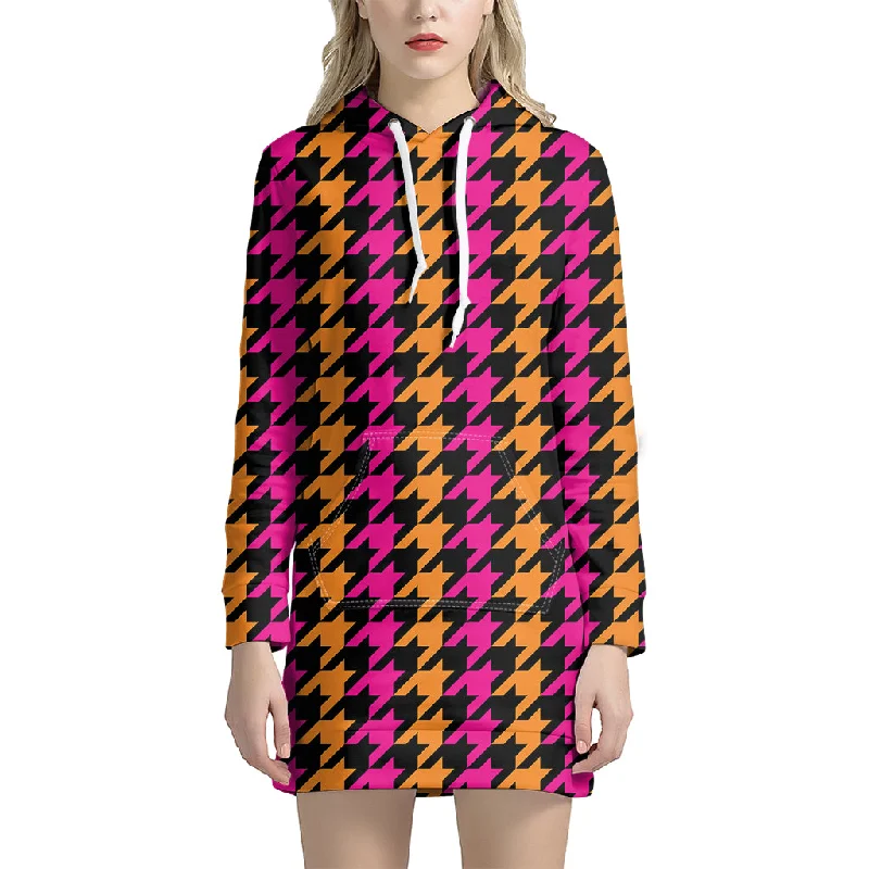Orange Pink And Black Houndstooth Print Pullover Hoodie Dress