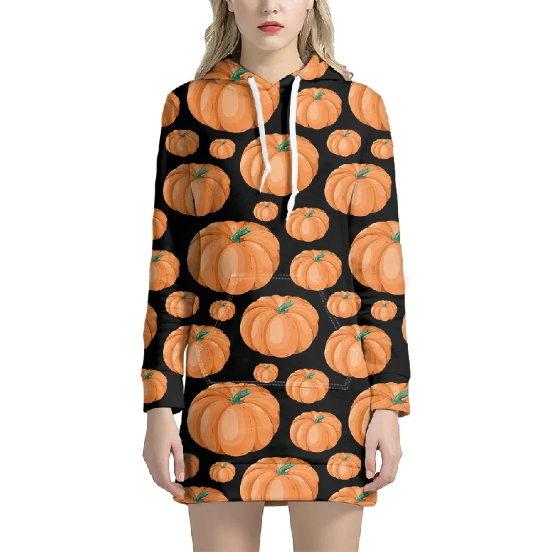 Orange Pumpkin Pattern Print Pullover Hoodie Dress