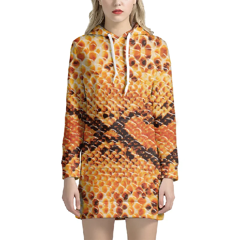Orange Snakeskin Print Pullover Hoodie Dress
