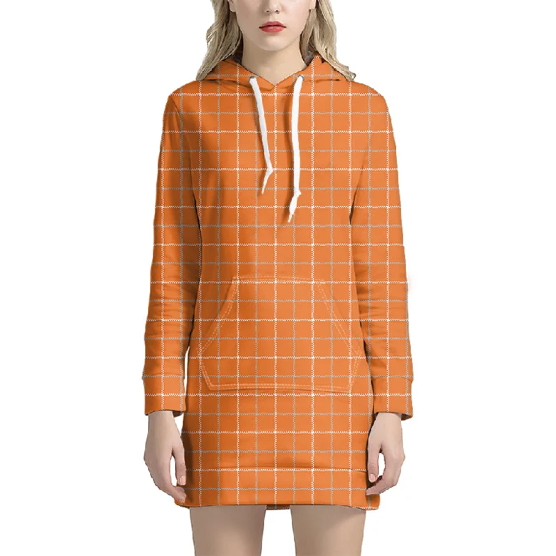 Orange Tattersall Pattern Print Pullover Hoodie Dress