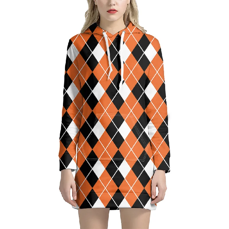 Orange White And Black Argyle Print Pullover Hoodie Dress