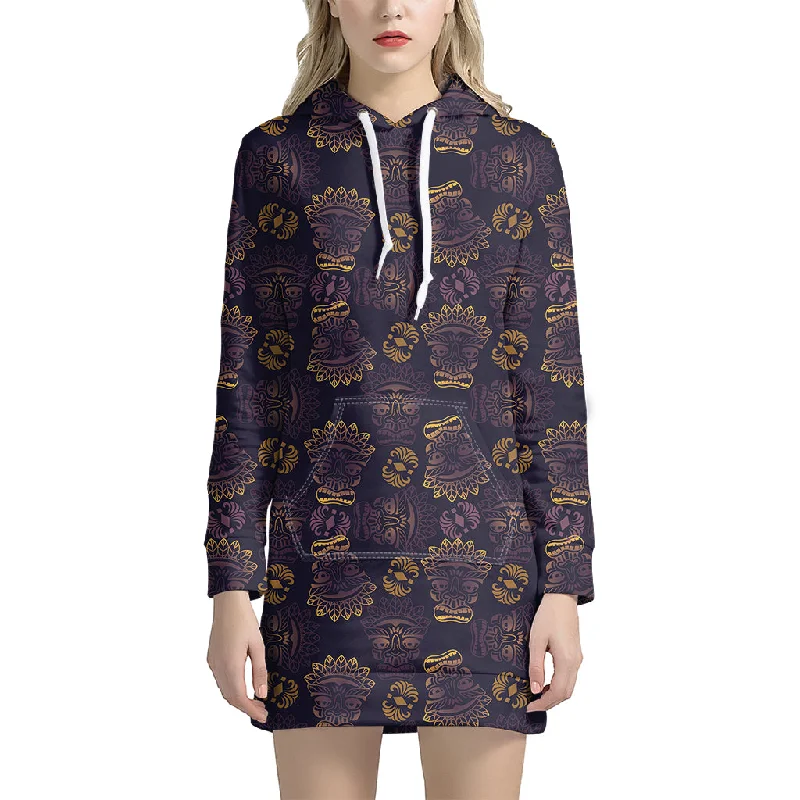 Ornament Tiki Mask Pattern Print Pullover Hoodie Dress
