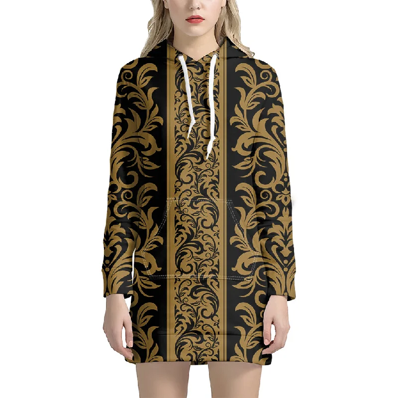 Ornamental Western Damask Print Pullover Hoodie Dress